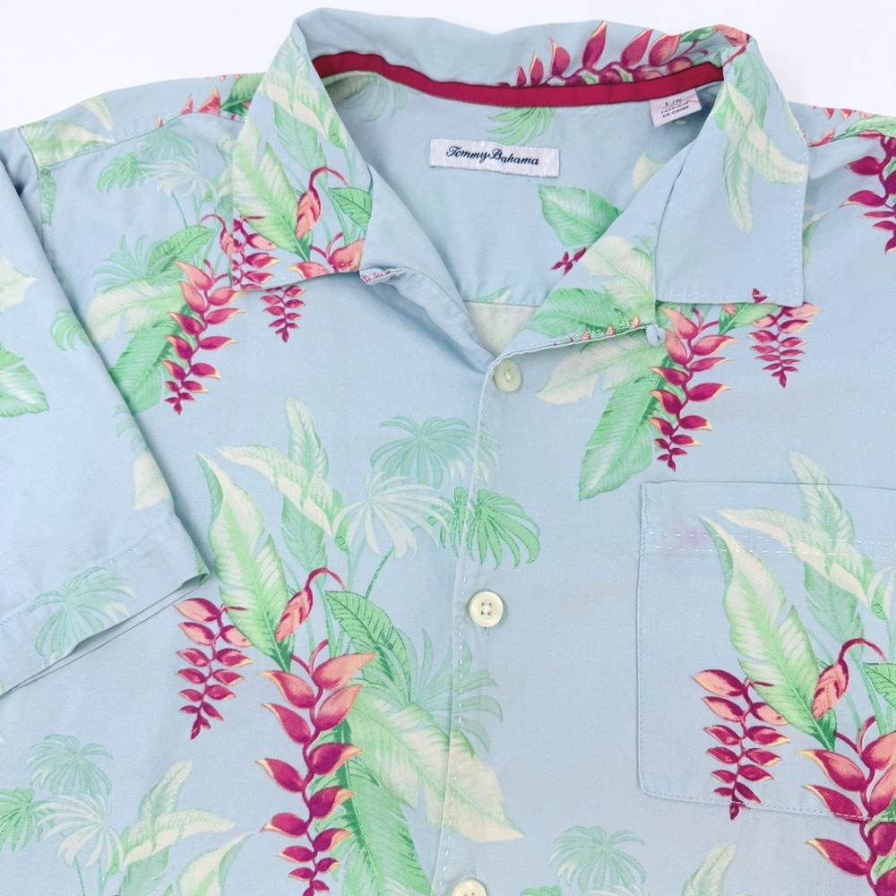 Tommy Bahama Mens Large Silk Tropical Heliconia Floral Camp Shirt Light Blue